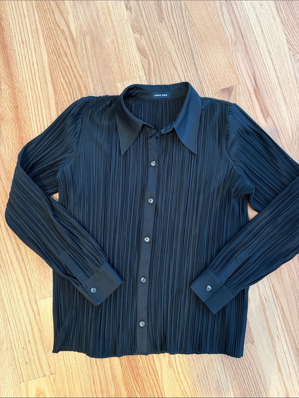 Anine Bing Black Pleated Button-Down Blouse